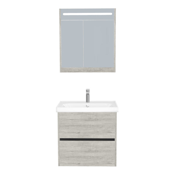 Berlin Badkamermeubel Set 65 cm Lissabon - Onderkast MDF Softclose Greeploos 2 lades met Keramische Wastafel 1 kraangat en Badkamerspiegelkast met Led-verlichting