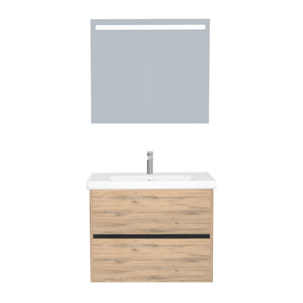 Berlin Badkamermeubel Set 80 cm Dorado - Onderkast MDF Softclose Greeploos 2 lades met Keramische Wastafel 1 kraangat en Badkamerspiegel met Led-verlichting