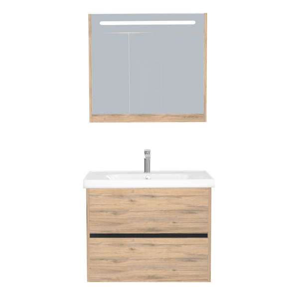 Berlin Badkamermeubel Set 80 cm Dorado - Onderkast MDF Softclose Greeploos 2 lades met Keramische Wastafel 1 kraangat en Badkamerspiegelkast met Led-verlichting