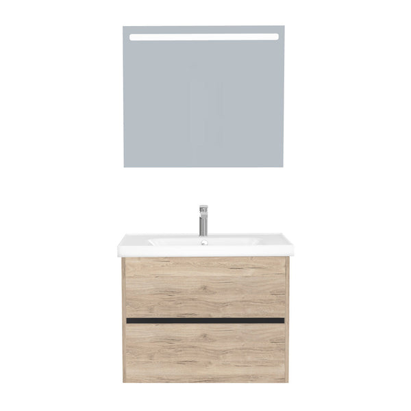 Berlin Badkamermeubel Set 80 cm Duitse Eik - Onderkast MDF Softclose Greeploos 2 lades met Keramische Wastafel 1 kraangat en Badkamerspiegel met Led-verlichting
