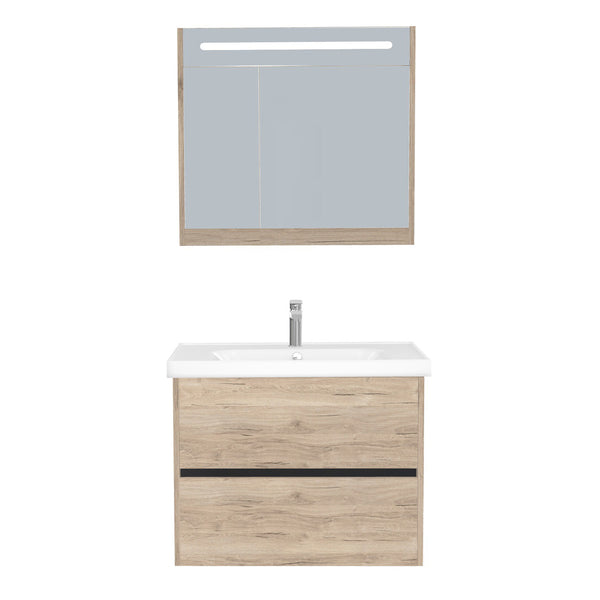 Berlin Badkamermeubel Set 80 cm Duitse Eik - Onderkast MDF Softclose Greeploos 2 lades met Keramische Wastafel 1 kraangat en Badkamerspiegelkast met Led-verlichting