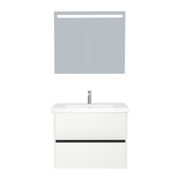 Berlin Badkamermeubel Set 80 cm Hoogglans Wit - Onderkast MDF Softclose Greeploos 2 lades met Keramische Wastafel 1 kraangat en Badkamerspiegel met Led-verlichting