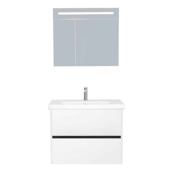 Berlin Badkamermeubel Set 80 cm Hoogglans Wit - Onderkast MDF Softclose Greeploos 2 lades met Keramische Wastafel 1 kraangat en Badkamerspiegelkast met Led-verlichting