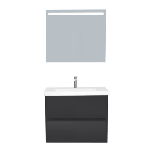 Berlin Badkamermeubel Set 80 cm Mat Zwart - Onderkast MDF Softclose Greeploos 2 lades met Keramische Wastafel 1 kraangat en Badkamerspiegel met Led-verlichting
