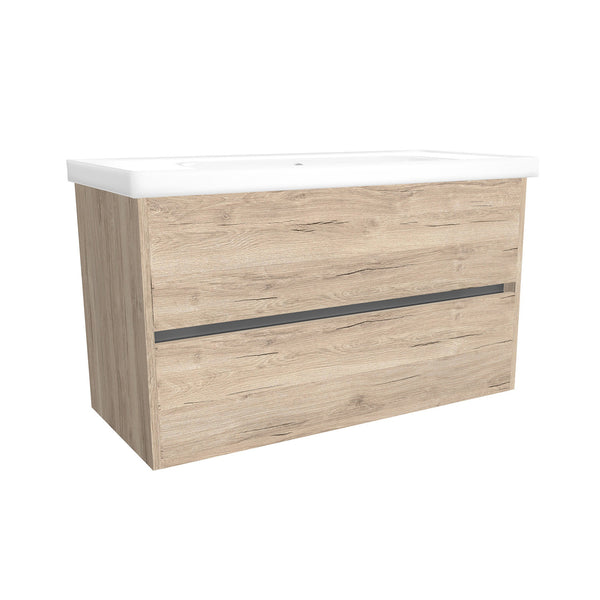 Berlin 100 cm Duitse Eik - Onderkast MDF Softclose Greeploos 2 lades met Keramische Wastafel 1 kraangat - Wastafelmeubel Met Frame Wastafels