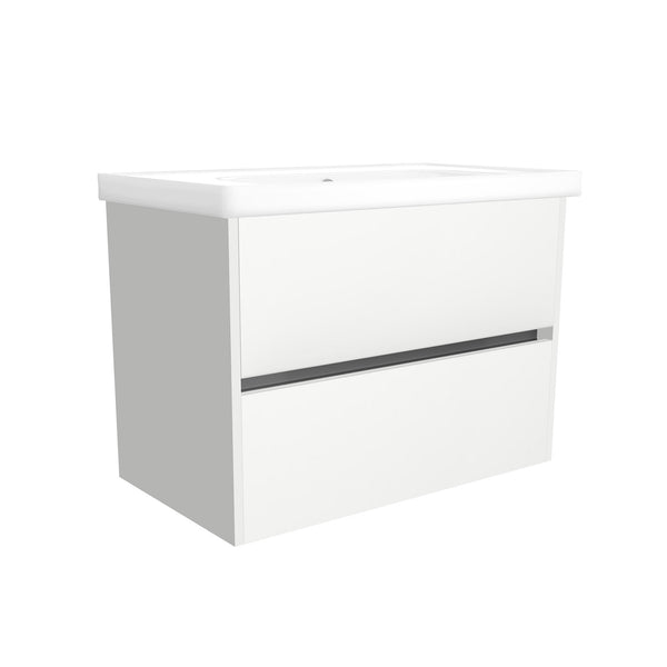 Berlin 80 cm Hoogglans Wit - Onderkast MDF Softclose Greeploos 2 lades met Keramische Wastafel 1 kraangat - Wastafelmeubel Met Frame Wastafels