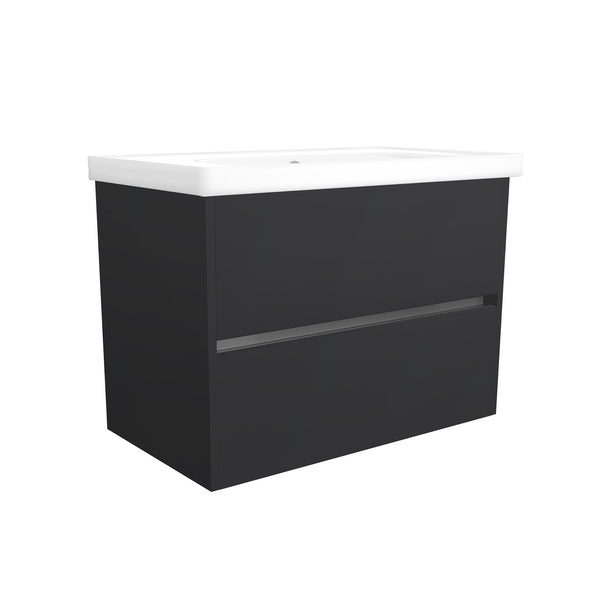 Berlin 80 cm Mat Zwart - Onderkast MDF Softclose Greeploos 2 lades met Keramische Wastafel 1 kraangat - Wastafelmeubel Met Frame Wastafels
