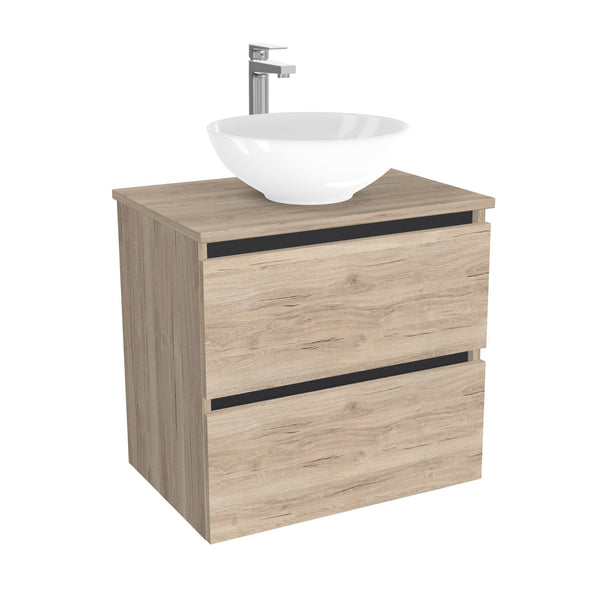 Bonn Badkamermeubel 65 cm Duitse Eik - Onderkast MDF - Softclose greeploos 2 lades Inclusief keramische waskom met wastafelblad