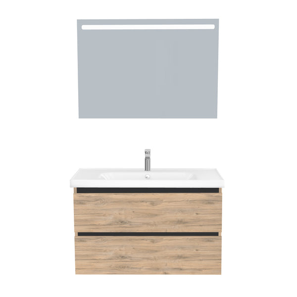 Bonn Badkamermeubel Set 100 cm Dorado - Onderkast MDF Softclose Greeploos 2 lades met Keramische Wastafel 1 kraangat en Badkamerspiegel met Led-verlichting