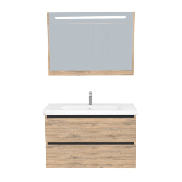 Bonn Badkamermeubel Set 100 cm Dorado - Onderkast MDF Softclose Greeploos 2 lades met Keramische Wastafel 1 kraangat en Badkamerspiegelkast met Led-verlichting
