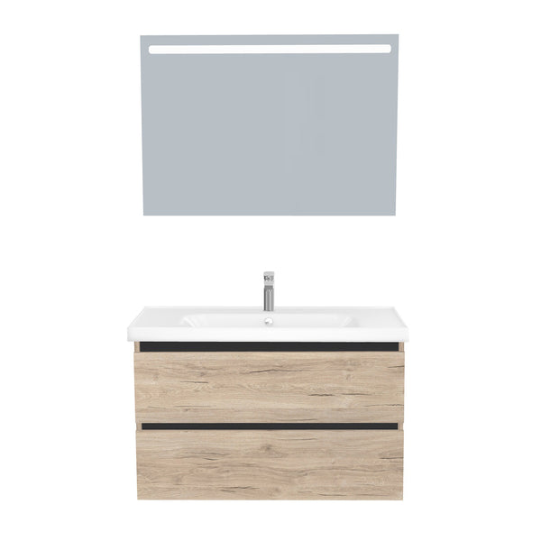 Bonn Badkamermeubel Set 100 cm Duitse Eik - Onderkast MDF Softclose Greeploos 2 lades met Keramische Wastafel 1 kraangat en Badkamerspiegel met Led-verlichting