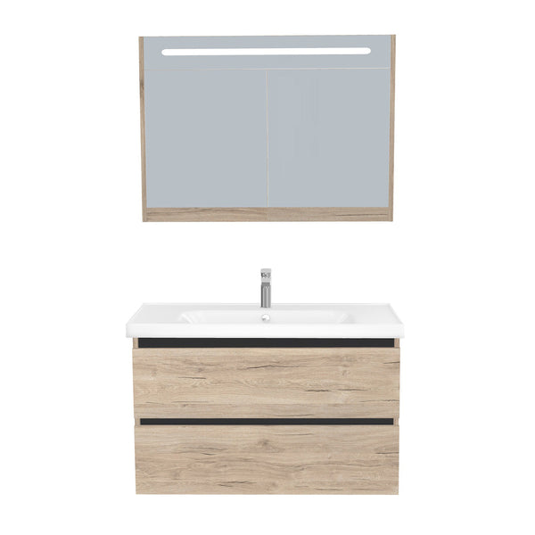 Bonn Badkamermeubel Set 100 cm Duitse Eik - Onderkast MDF Softclose Greeploos 2 lades met Keramische Wastafel 1 kraangat en Badkamerspiegelkast met Led-verlichting
