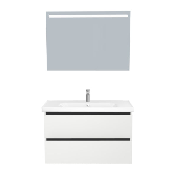 Bonn Badkamermeubel Set 100 cm Hoogglans Wit - Onderkast MDF Softclose Greeploos 2 lades met Keramische Wastafel 1 kraangat en Badkamerspiegel met Led-verlichting