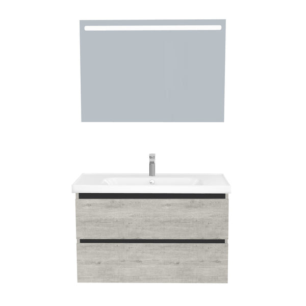 Bonn Badkamermeubel Set 100 cm Lissabon - Onderkast MDF Softclose Greeploos 2 lades met Keramische Wastafel 1 kraangat en Badkamerspiegel met Led-verlichting