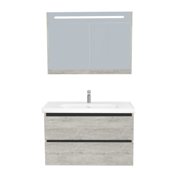 Bonn Badkamermeubel Set 100 cm Lissabon - Onderkast MDF Softclose Greeploos 2 lades met Keramische Wastafel 1 kraangat en Badkamerspiegelkast met Led-verlichting