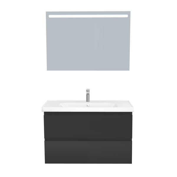 Bonn Badkamermeubel Set 100 cm Mat Zwart - Onderkast MDF Softclose Greeploos 2 lades met Keramische Wastafel 1 kraangat en Badkamerspiegel met Led-verlichting