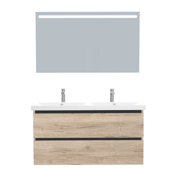 Bonn Badkamermeubel Set 120 cm Duitse Eik - Onderkast MDF Softclose Greeploos 2 lades met Keramische Wastafel 2 kraangat en Badkamerspiegel met Led-verlichting