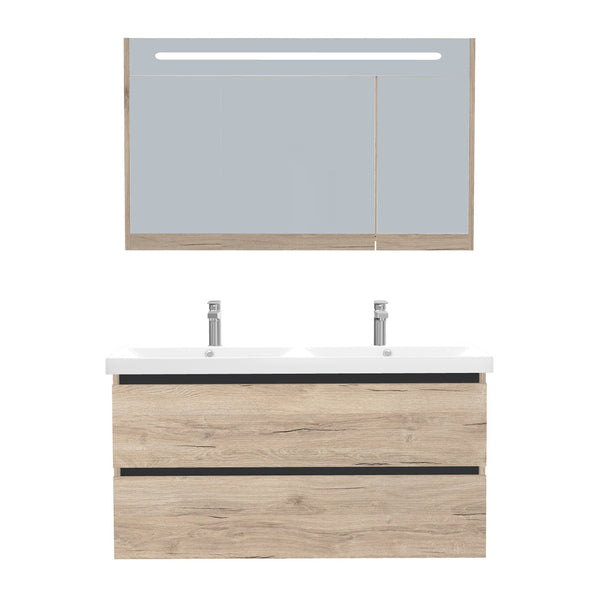 Bonn Badkamermeubel Set 120 cm Duitse Eik - Onderkast MDF Softclose Greeploos 2 lades met Keramische Wastafel 2 kraangat en Badkamerspiegelkast met Led-verlichting