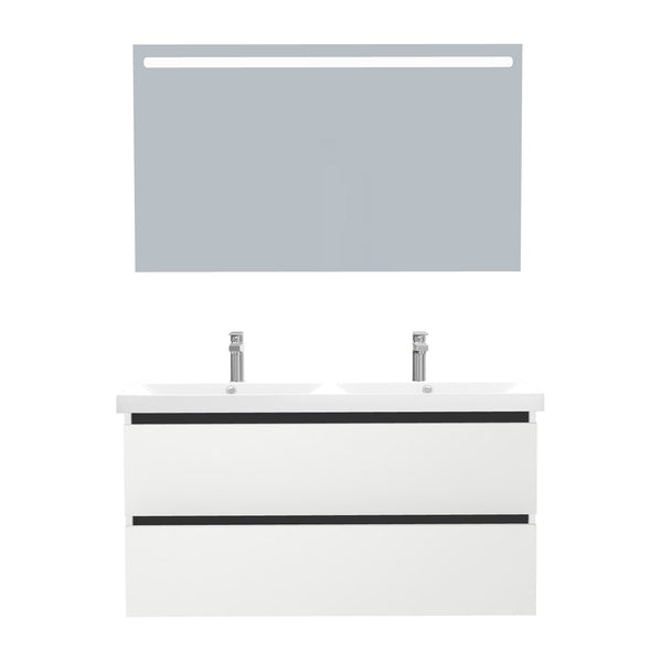 Bonn Badkamermeubel Set 120 cm Hoogglans Wit - Onderkast MDF Softclose Greeploos 2 lades met Keramische Wastafel 2 kraangat en Badkamerspiegel met Led-verlichting