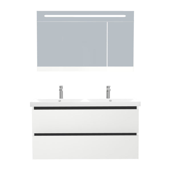 Bonn Badkamermeubel Set 120 cm Hoogglans Wit - Onderkast MDF Softclose Greeploos 2 lades met Keramische Wastafel 2 kraangat en Badkamerspiegelkast met Led-verlichting