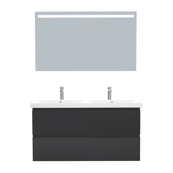 Bonn Badkamermeubel Set 120 cm Mat Zwart - Onderkast MDF Softclose Greeploos 2 lades met Keramische Wastafel 2 kraangat en Badkamerspiegel met Led-verlichting
