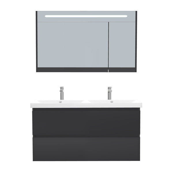 Bonn Badkamermeubel Set 120 cm Mat Zwart - Onderkast MDF Softclose Greeploos 2 lades met Keramische Wastafel 2 kraangat en Badkamerspiegelkast met Led-verlichting