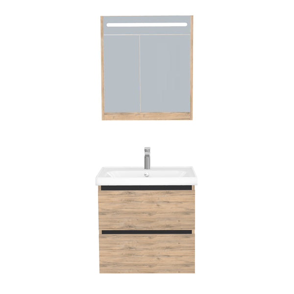 Bonn Badkamermeubel Set 65 cm Dorado - Onderkast MDF Softclose Greeploos 2 lades met Keramische Wastafel 1 kraangat en Badkamerspiegelkast met Led-verlichting