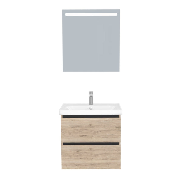 Bonn Badkamermeubel Set 65 cm Duitse Eik - Onderkast MDF Softclose Greeploos 2 lades met Keramische Wastafel 1 kraangat en Badkamerspiegel met Led-verlichting