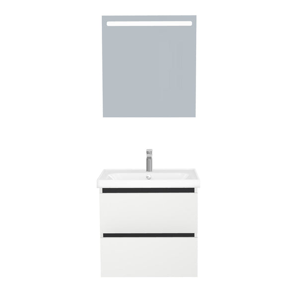 Bonn Badkamermeubel Set 65 cm Hoogglans Wit - Onderkast MDF Softclose Greeploos 2 lades met Keramische Wastafel 1 kraangat en Badkamerspiegel met Led-verlichting