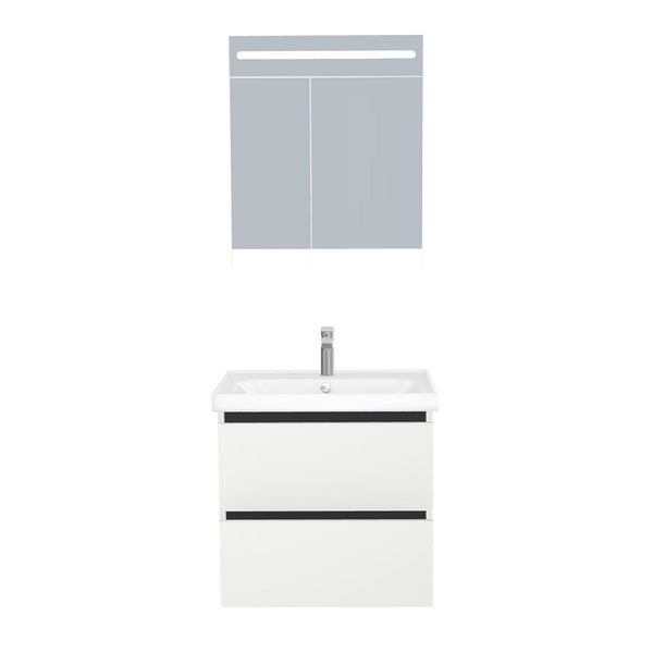 Bonn Badkamermeubel Set 65 cm Hoogglans Wit - Onderkast MDF Softclose Greeploos 2 lades met Keramische Wastafel 1 kraangat en Badkamerspiegelkast met Led-verlichting