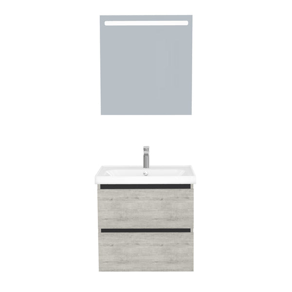 Bonn Badkamermeubel Set 65 cm Lissabon - Onderkast MDF Softclose Greeploos 2 lades met Keramische Wastafel 1 kraangat en Badkamerspiegel met Led-verlichting