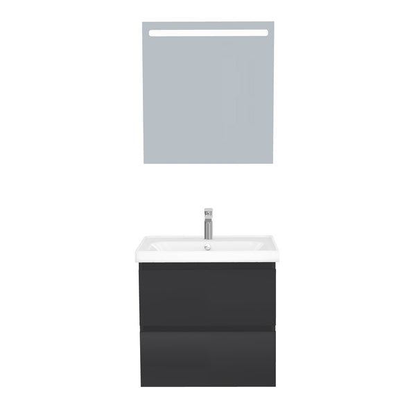 Bonn Badkamermeubel Set 65 cm Mat Zwart - Onderkast MDF Softclose Greeploos 2 lades met Keramische Wastafel 1 kraangat en Badkamerspiegel met Led-verlichting