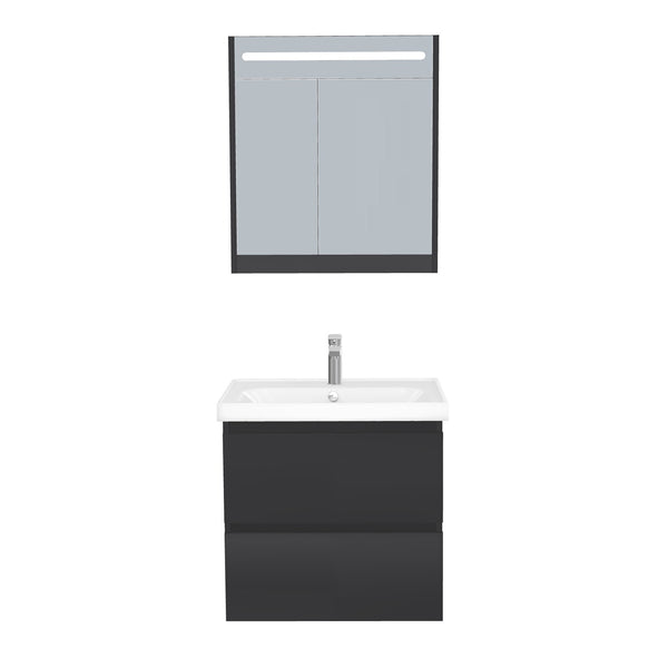 Bonn Badkamermeubel Set 65 cm Mat Zwart - Onderkast MDF Softclose Greeploos 2 lades met Keramische Wastafel 1 kraangat en Badkamerspiegelkast met Led-verlichting