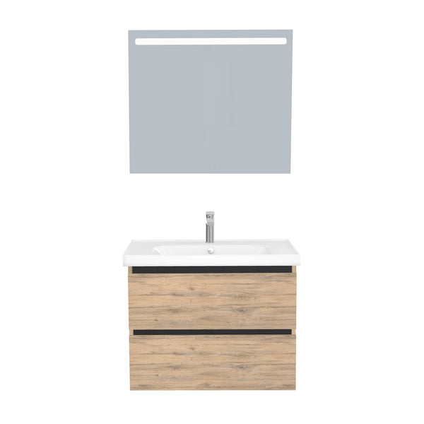 Bonn Badkamermeubel Set 80 cm Dorado - Onderkast MDF Softclose Greeploos 2 lades met Keramische Wastafel 1 kraangat en Badkamerspiegel met Led-verlichting
