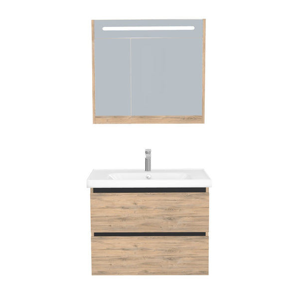 Bonn Badkamermeubel Set 80 cm Dorado - Onderkast MDF Softclose Greeploos 2 lades met Keramische Wastafel 1 kraangat en Badkamerspiegelkast met Led-verlichting