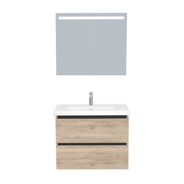 Bonn Badkamermeubel Set 80 cm Duitse Eik  - Onderkast MDF Softclose Greeploos 2 lades met Keramische Wastafel 1 kraangat en Badkamerspiegel met Led-verlichting