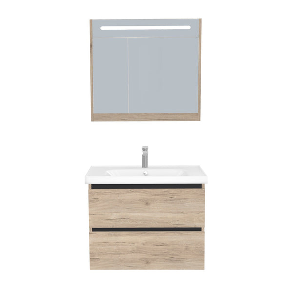 Bonn Badkamermeubel Set 80 cm Duitse Eik - Onderkast MDF Softclose Greeploos 2 lades met Keramische Wastafel 1 kraangat en Badkamerspiegelkast met Led-verlichting