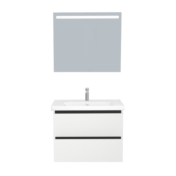 Bonn Badkamermeubel Set 80 cm Hoogglans Wit - Onderkast MDF Softclose Greeploos 2 lades met Keramische Wastafel 1 kraangat en Badkamerspiegel met Led-verlichting