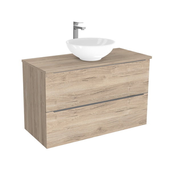 Frankfurt Badkamermeubel 100 cm Duitse Eik - Onderkast MDF - Softclose semi handgreep 2 lades Inclusief keramische waskom met wastafelblad