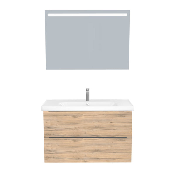 Frankfurt Badkamermeubel Set 100 cm Dorado - Onderkast MDF Softclose Semi handgreep 2 lades met Keramische Wastafel 1 kraangat en Badkamerspiegel met Led-verlichting