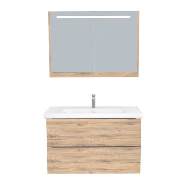 Frankfurt Badkamermeubel Set 100 cm Dorado - Onderkast MDF Softclose Semi handgreep 2 lades met Keramische Wastafel 1 kraangat en Badkamerspiegelkast met Led-verlichting