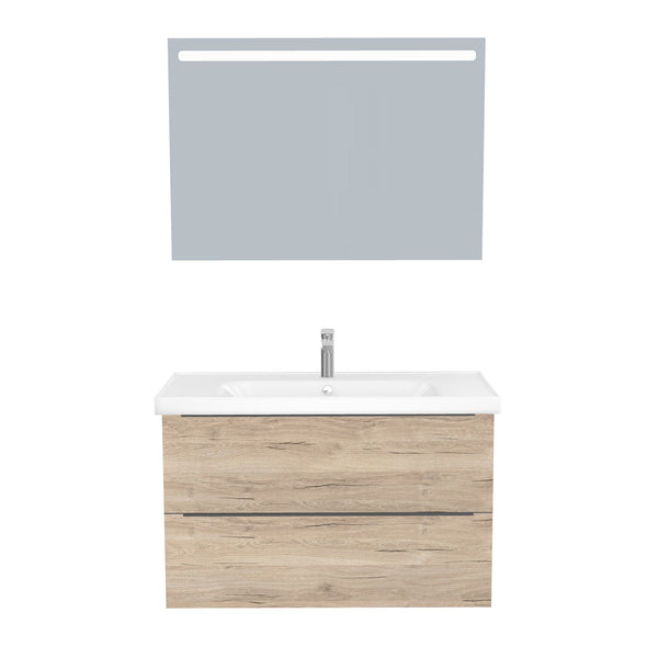 Frankfurt Badkamermeubel Set 100 cm Duitse Eik - Onderkast MDF Softclose Semi handgreep 2 lades met Keramische Wastafel 1 kraangat en Badkamerspiegel met Led-verlichting