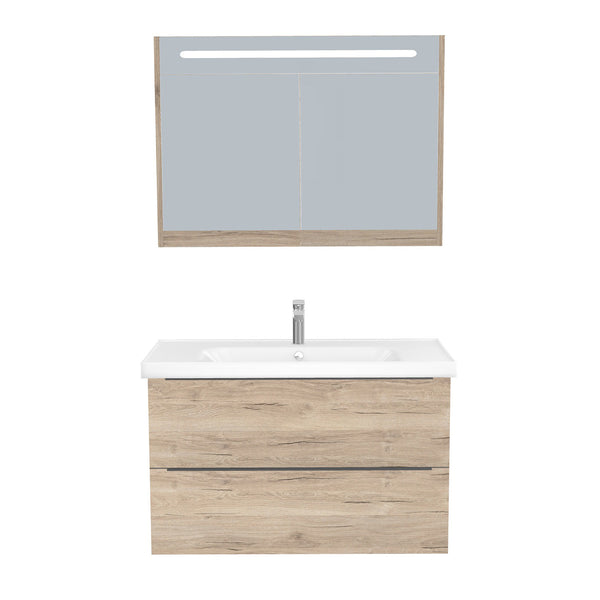 Frankfurt Badkamermeubel Set 100 cm Duitse Eik - Onderkast MDF Softclose Semi handgreep 2 lades met Keramische Wastafel 1 kraangat en Badkamerspiegelkast met Led-verlichting