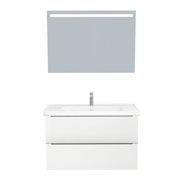 Frankfurt Badkamermeubel Set 100 cm Hoogglans Wit - Onderkast MDF Softclose Semi handgreep 2 lades met Keramische Wastafel 1 kraangat en Badkamerspiegel met Led-verlichting