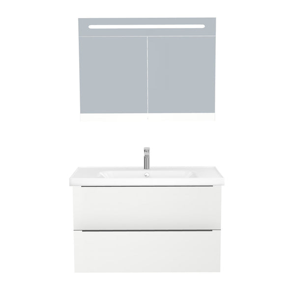 Frankfurt Badkamermeubel Set 100 cm Hoogglans Wit - Onderkast MDF Softclose Semi handgreep 2 lades met Keramische Wastafel 1 kraangat en Badkamerspiegelkast met Led-verlichting