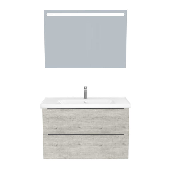 Frankfurt Badkamermeubel Set 100 cm Lissabon - Onderkast MDF Softclose Semi handgreep 2 lades met Keramische Wastafel 1 kraangat en Badkamerspiegel met Led-verlichting