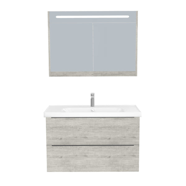 Frankfurt Badkamermeubel Set 100 cm Lissabon - Onderkast MDF Softclose Semi handgreep 2 lades met Keramische Wastafel 1 kraangat en Badkamerspiegelkast met Led-verlichting