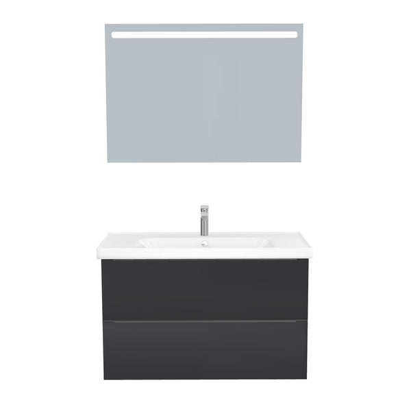 Frankfurt Badkamermeubel Set 100 cm Mat Zwart - Onderkast MDF Softclose Semi handgreep 2 lades met Keramische Wastafel 1 kraangat en Badkamerspiegel met Led-verlichting