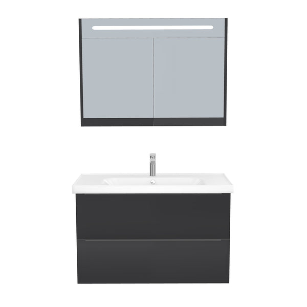 Frankfurt Badkamermeubel Set 100 cm Mat Zwart - Onderkast MDF Softclose Semi handgreep 2 lades met Keramische Wastafel 1 kraangat en Badkamerspiegelkast met Led-verlichting