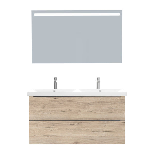 Frankfurt Badkamermeubel Set 120 cm Duitse Eik - Onderkast MDF Softclose Semi handgreep 2 lades met Keramische Wastafel 2 kraangat en Badkamerspiegel met Led-verlichting